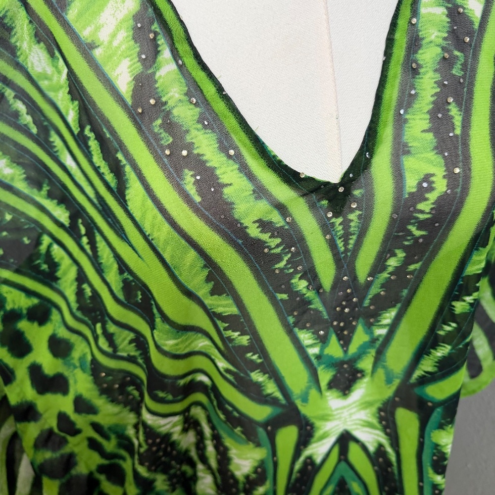 La Moda Kaftan Green Animal Print Rhinestone STUNNING OS - Picture 4 of 5